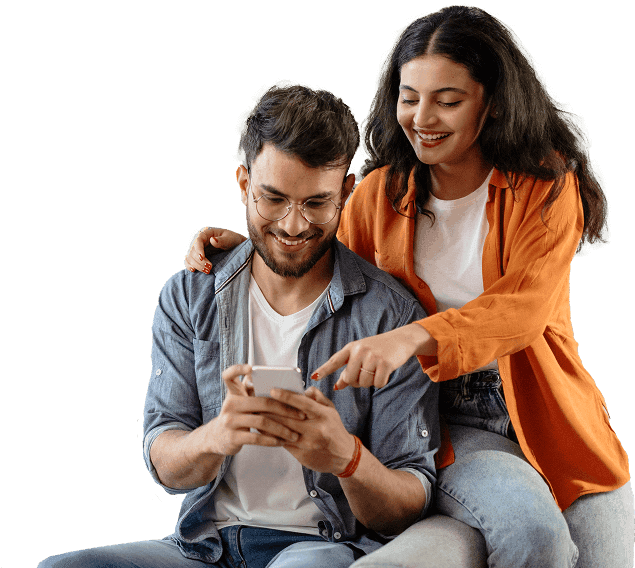Happy couple reviewing phone screen together, impressed by the Alyve Health seamless healthcare experience